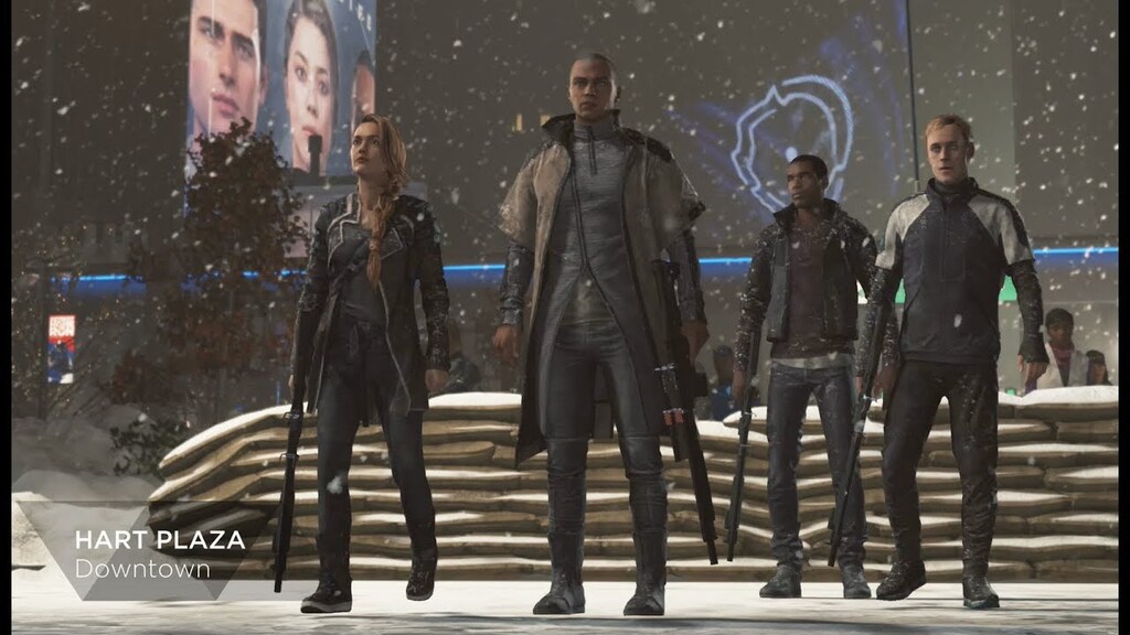 Markus accompagné de son groupe d'androïdes révolutionnaires. Markus a l'apparence d'un jeune homme noir aux cheveux rasés.