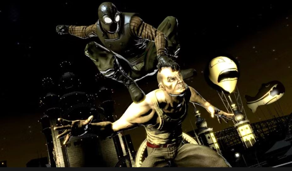 Une image du jeu PS3. Le spider-man Noir attaque un malfrat par surprise dans son dos.