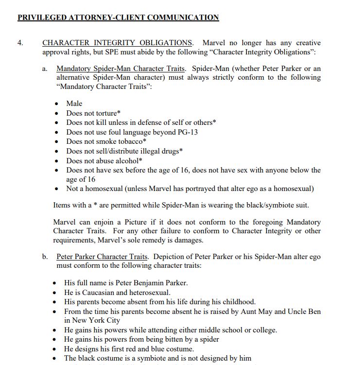 Extrait d'un contrat papier entre Sony et Marvel. On peut y lire que l'adaptation à l'écran de Spider-Man obéit à plusieurs contraintes.