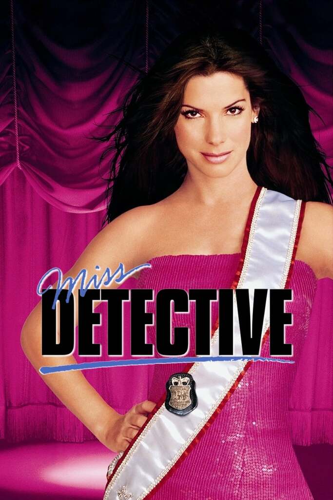 Affiche française du film Miss Détective (Miss Congeniality), réalisé par Donald Petrie en 2000, représentant Sandra Bullock en robe rose et écharpe de concours de beauté, tenant un bouquet de fleurs et une paire de menottes devant une ville illuminée.