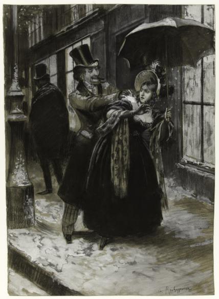 Illustration où l'on voit le bourgeois Bamatabois fourrer une boule de neige dans le dos de Fantine en riant.